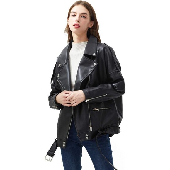 LY VAREY LIN Women  Faux Leather Jacket  Black Casual Short Coat  Jacket belt - Picture 1 of 6